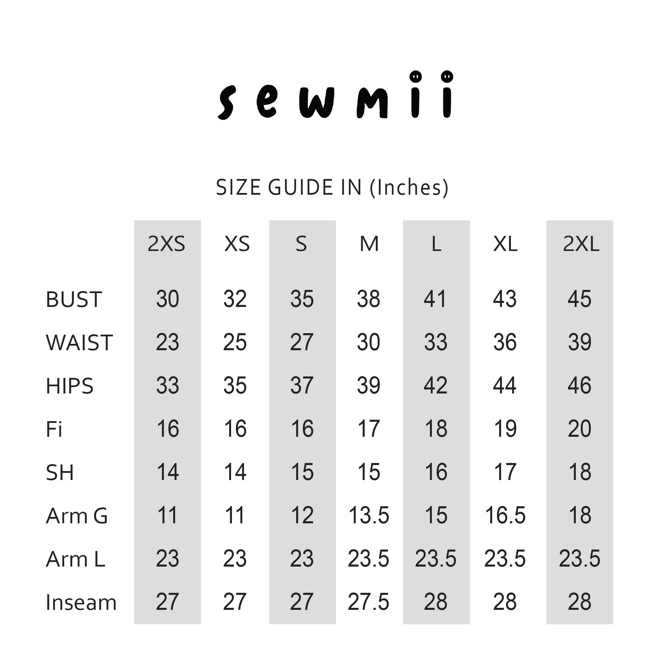 Size guide in inches